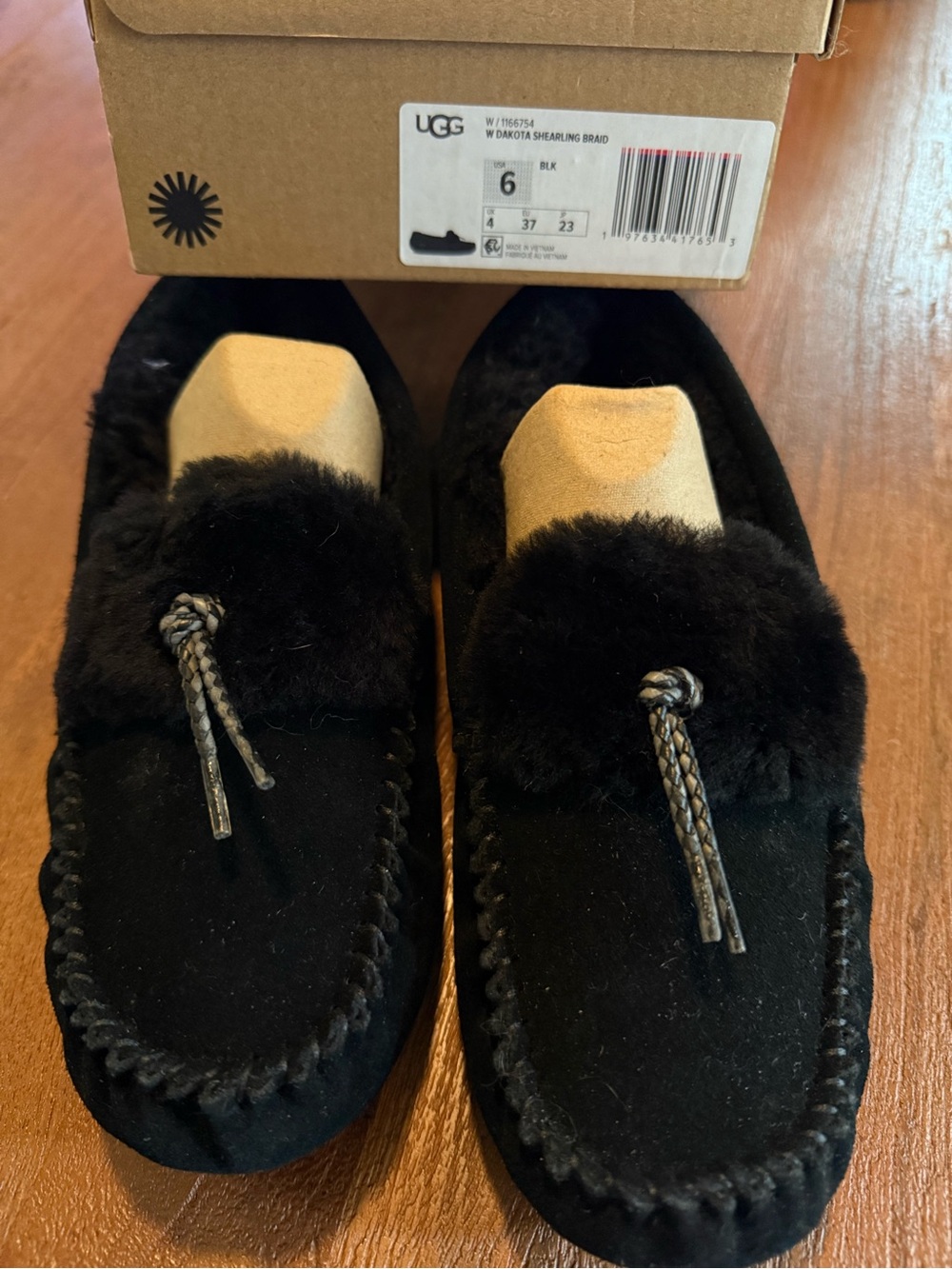 UGG Women's Black Shearling Braided Moccasin Slippers